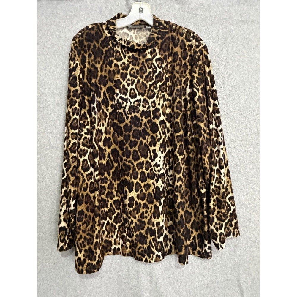 Susan Graver Blouse Womens 3X Brown Leopard Animal Print Studded Tunic Top